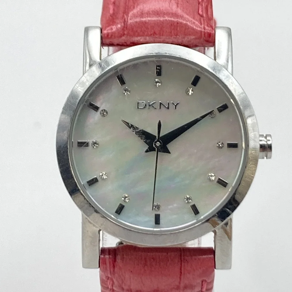 DKNY Women's Watch Silver Tone 28mm MOP Dial Pink Leather New Battery 8.25